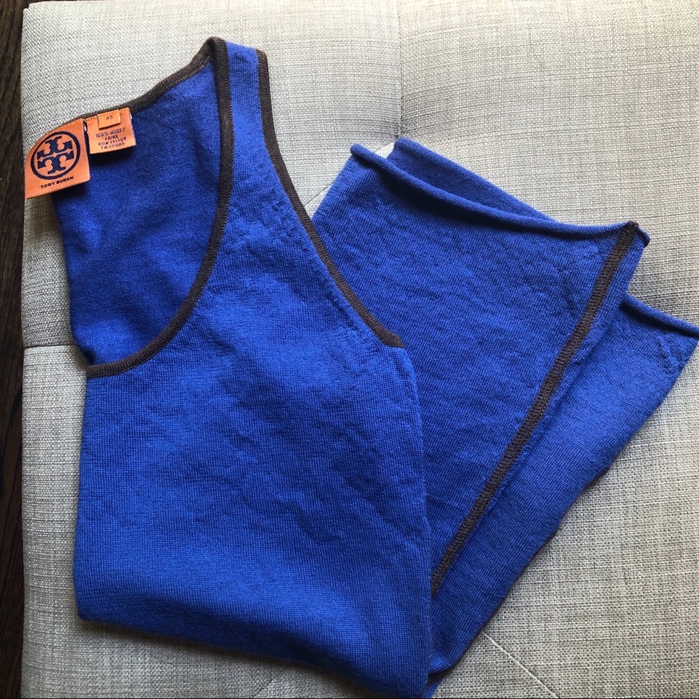 Tory Burch Sweater Vest Blue & Brown 100% Wool XS
